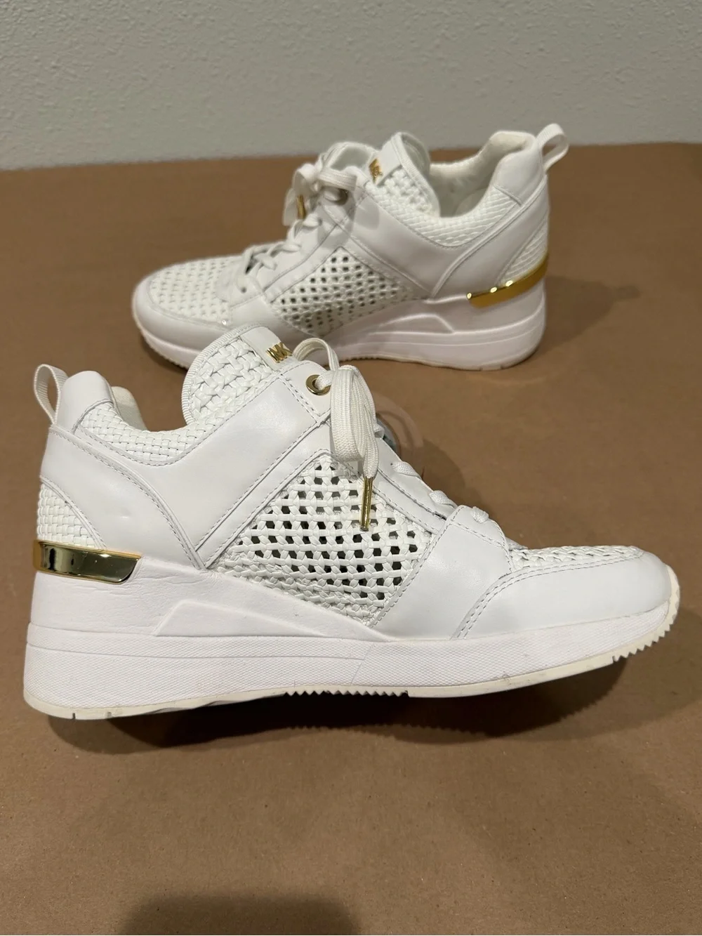 Michael Kors White Woven Leather Wedge Sneakers Gold Hardware Women’s Size- 8